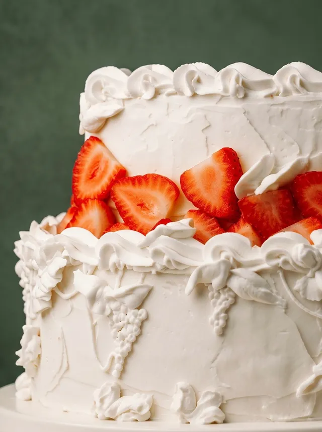 Detalle de conchas de crema de mantequilla hechas a manga y fresas frescas en el borde de una tarta de corazón.