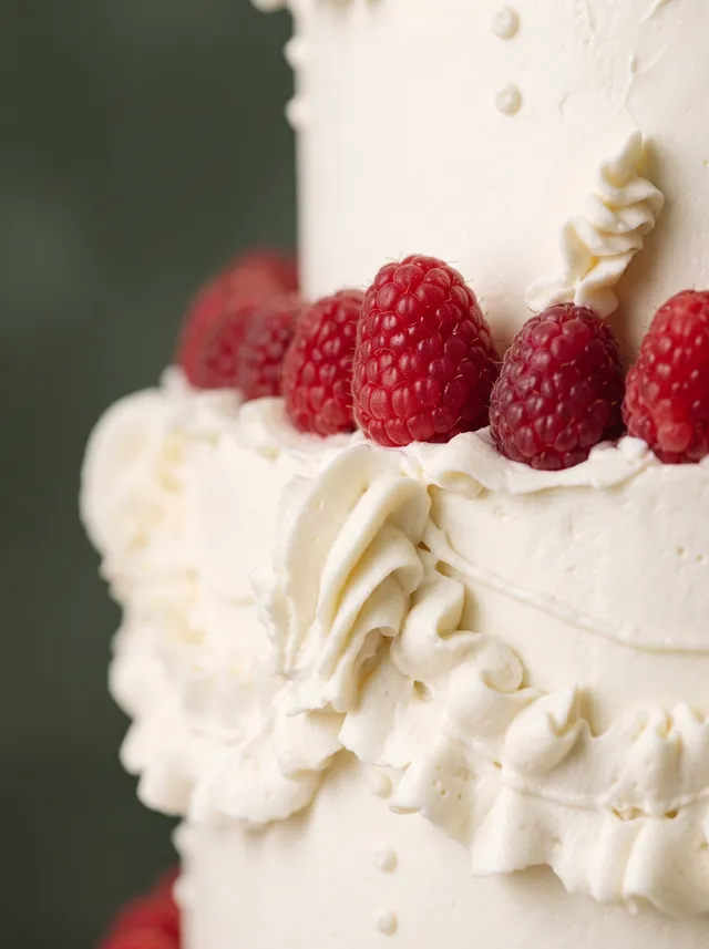 Primer plano de un borde de crema de mantequilla hecho a manga con fresas partidas por la mitad debajo.