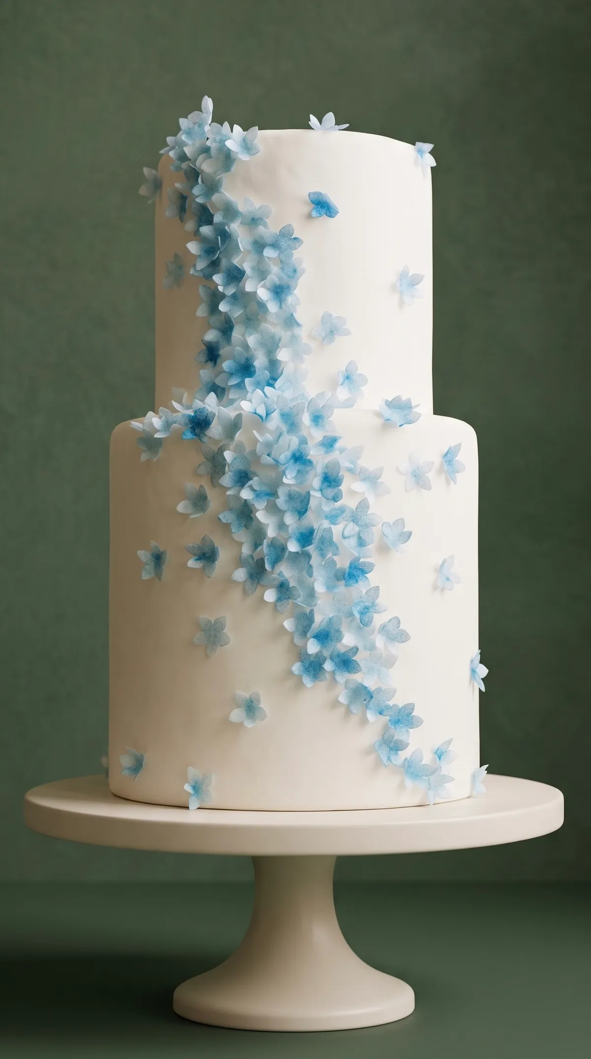 Tarta nupcial blanca de dos pisos con una cascada de flores de azúcar azul pálido, sobre una mesa de roble frente a una pared verde oscuro.