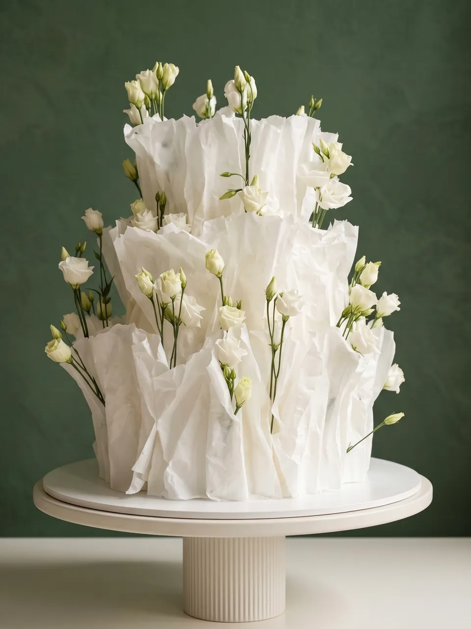 Tarta nupcial blanca texturizada de tres pisos con lisianthus blancos frescos de tallo alto, sobre un soporte blanco frente a una pared verde.