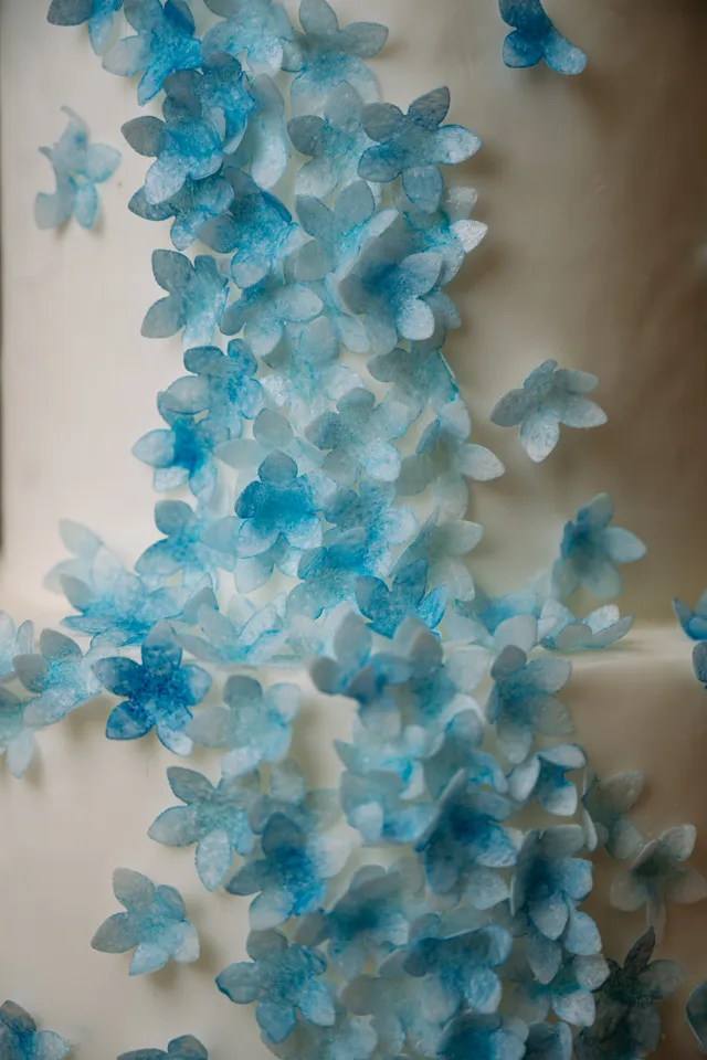 Primer plano de flores de azúcar azules translúcidas sobre una crema de mantequilla blanca y lisa.