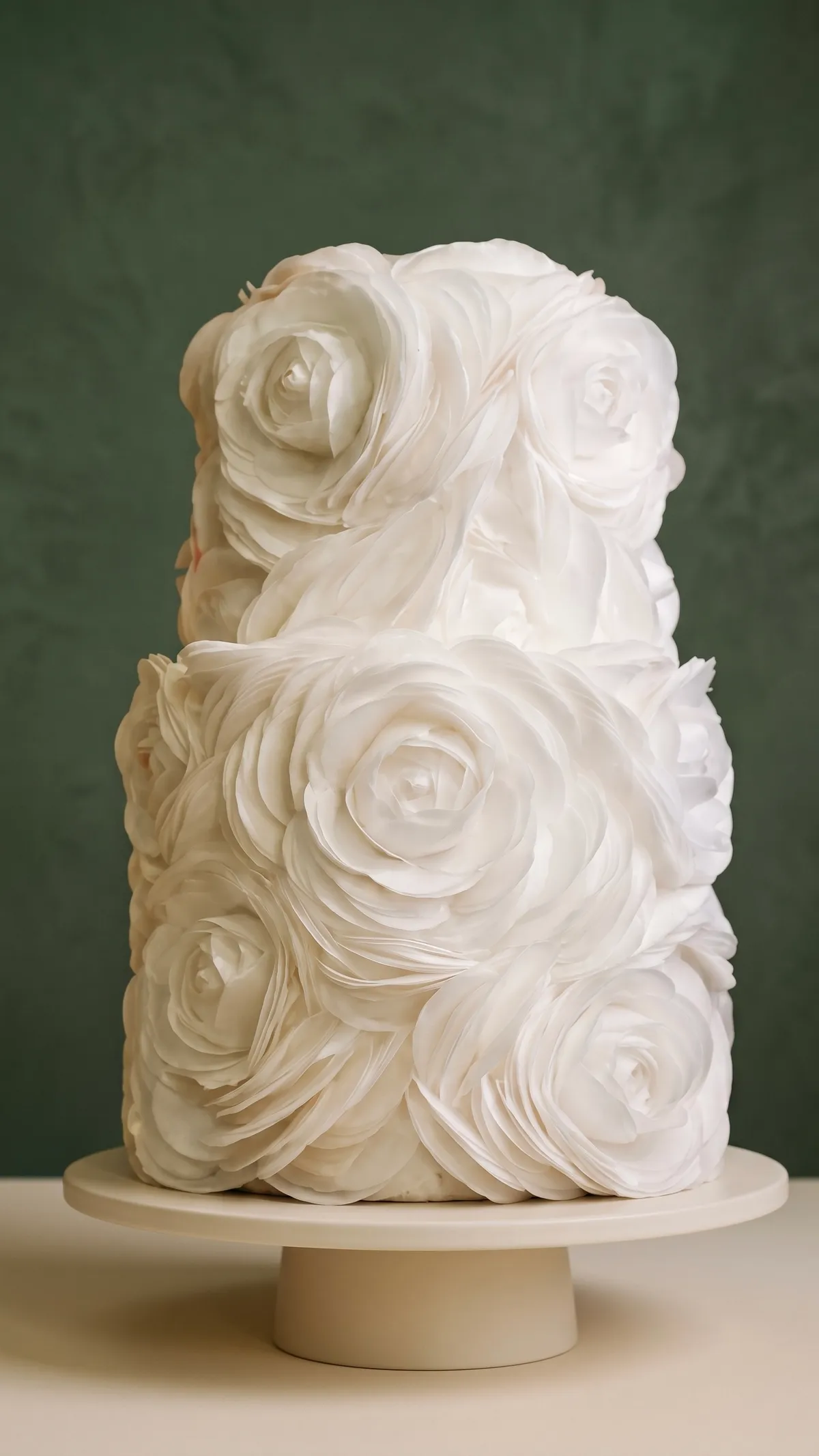 Tarta de dos pisos cubierta por completo de grandes rosas blancas de crema de mantequilla con volantes.