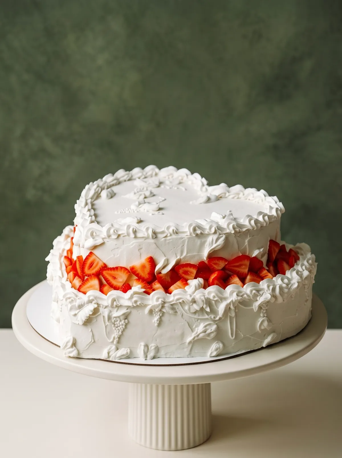 Tarta blanca en forma de corazón con bordes vintage hechos a manga y un anillo de fresas frescas.