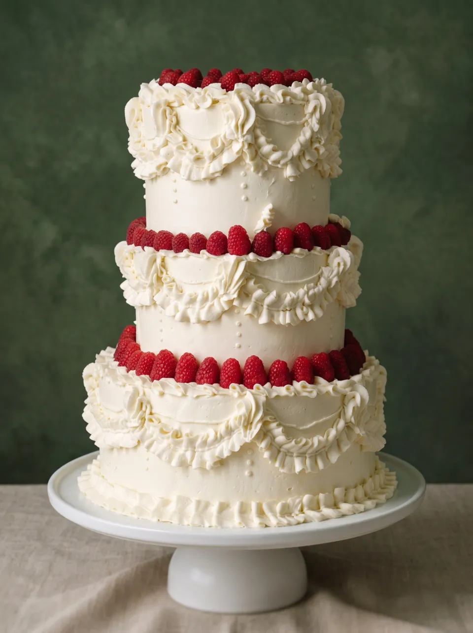 Tarta blanca de dos pisos con fresas frescas entre los pisos y bordes hechos a manga.